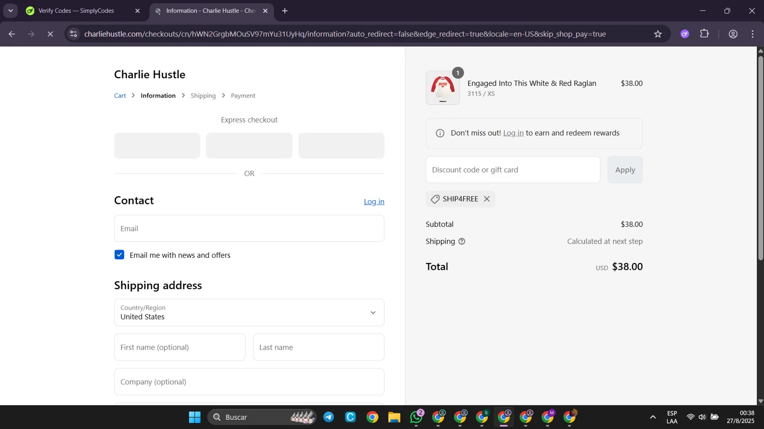 Charlie Hustle discount code screenshot showing code SHIP4FREE applied at Charlie Hustle checkout page. Uploaded by SimplyCodes community member Puppet on Aug 27, 2025