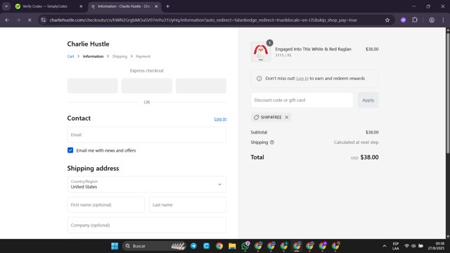 Charlie Hustle checkout page showing Charlie Hustle discount code box | Screenshot taken by SimplyCodes community member on Aug 27, 2025