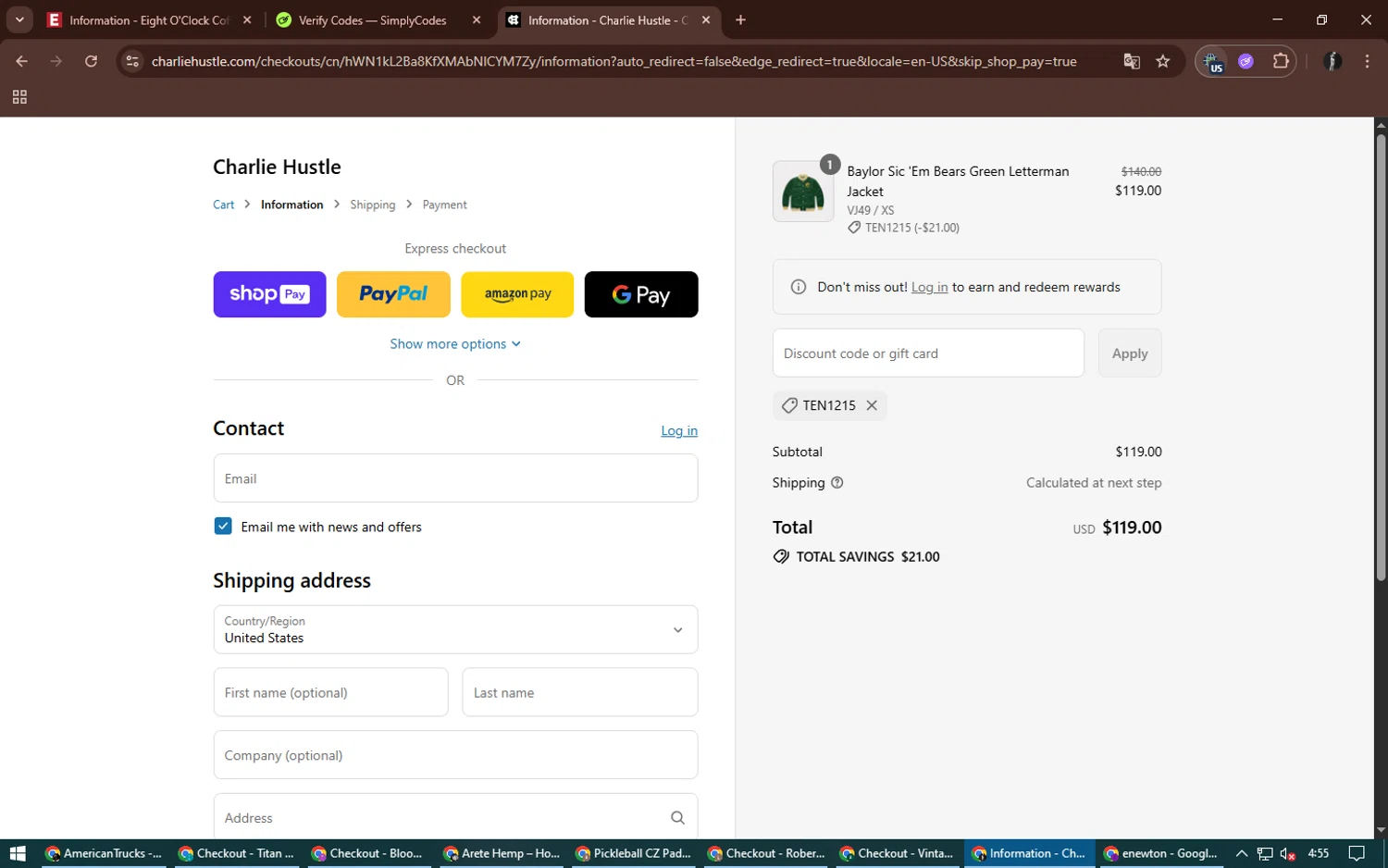 Charlie Hustle discount code screenshot showing code Ten1215 applied at Charlie Hustle checkout page. Uploaded by SimplyCodes community member alexdaal on Aug 13, 2025