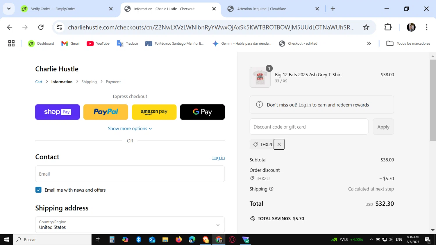 Charlie Hustle discount code screenshot showing code THX2U applied at Charlie Hustle checkout page. Uploaded by SimplyCodes community member KataldoMustafack on Mar 5, 2025