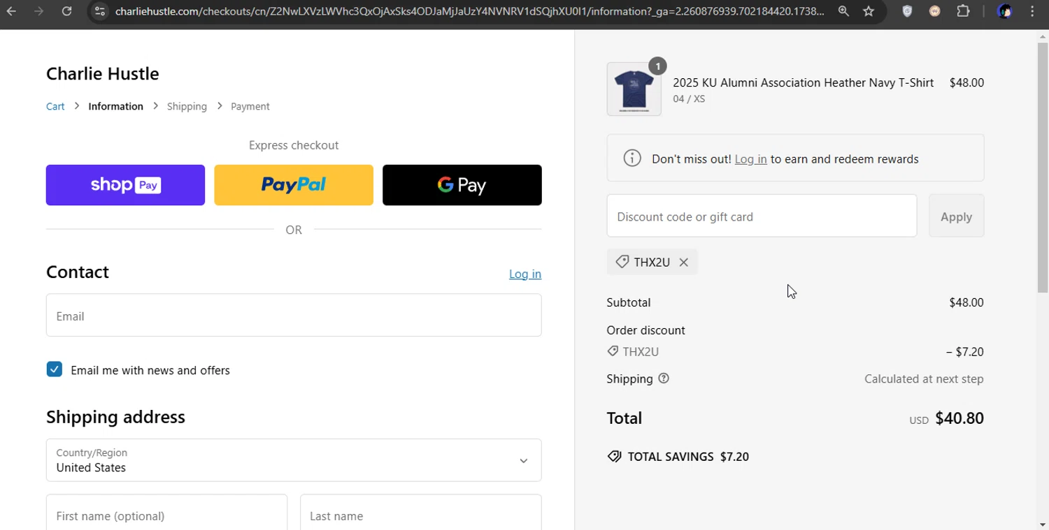 Charlie Hustle discount code screenshot showing code THX2U applied at Charlie Hustle checkout page. Uploaded by SimplyCodes community member xXSATOXx on Feb 4, 2025