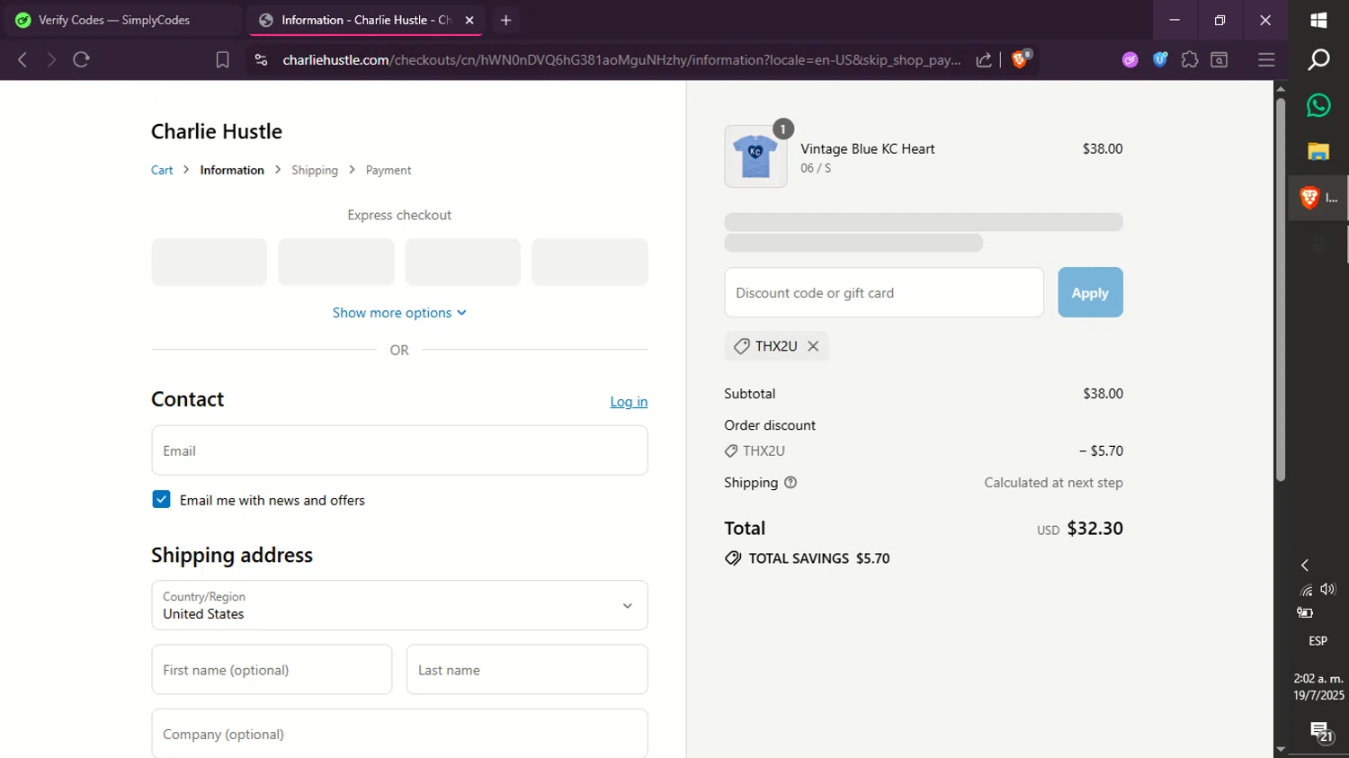 Charlie Hustle discount code screenshot showing code THX2U applied at Charlie Hustle checkout page. Uploaded by SimplyCodes community member xXdevoragoticas69Xx on Jul 19, 2025