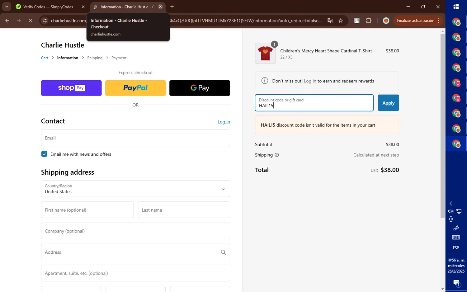 Charlie Hustle discount code screenshot showing code HAIL15 applied at Charlie Hustle checkout page. Uploaded by SimplyCodes community member DealElite4728 on Feb 26, 2025
