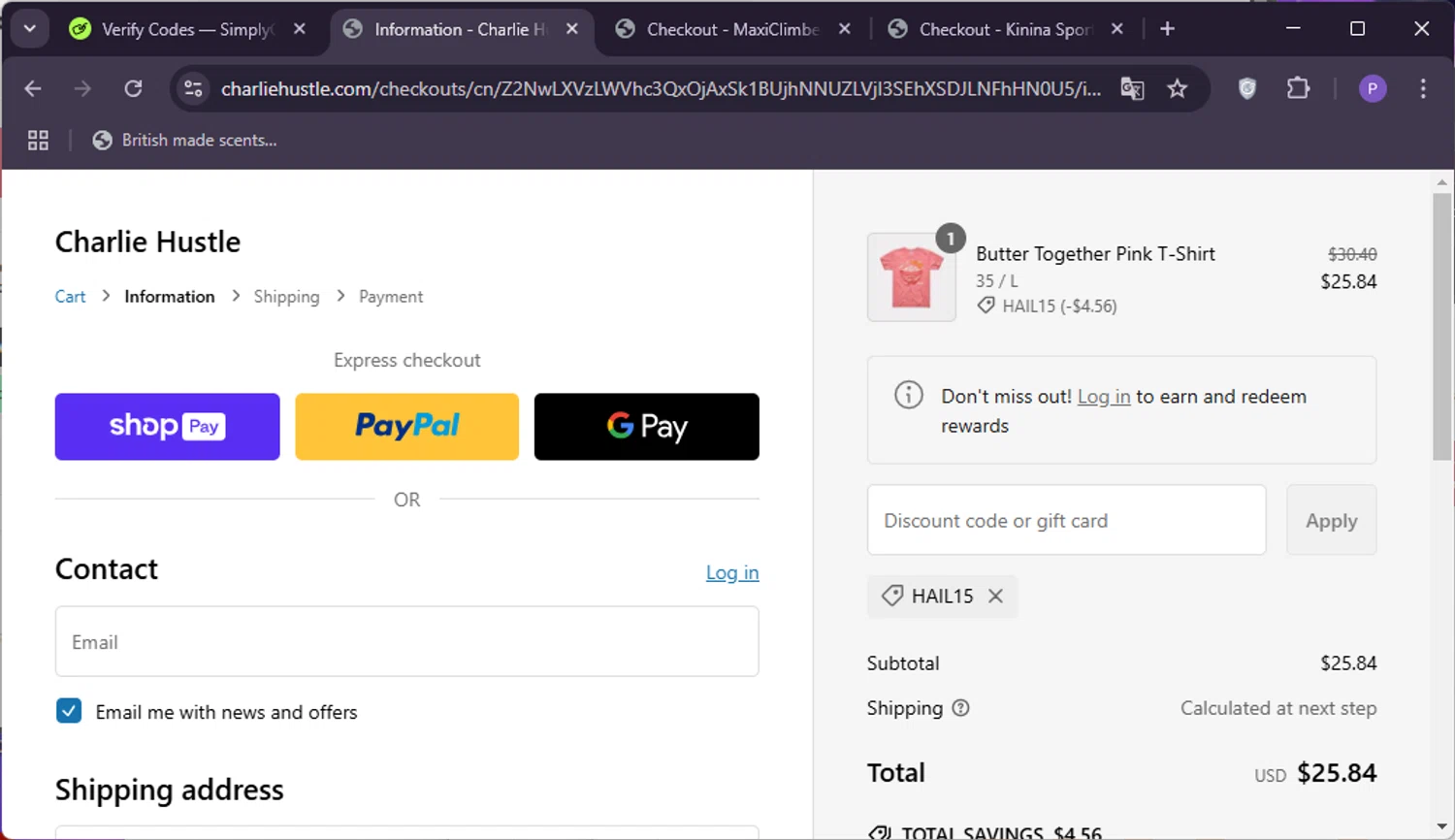 Charlie Hustle discount code screenshot showing code HAIL15 applied at Charlie Hustle checkout page. Uploaded by SimplyCodes community member TreasureMaestro5377 on Feb 17, 2025