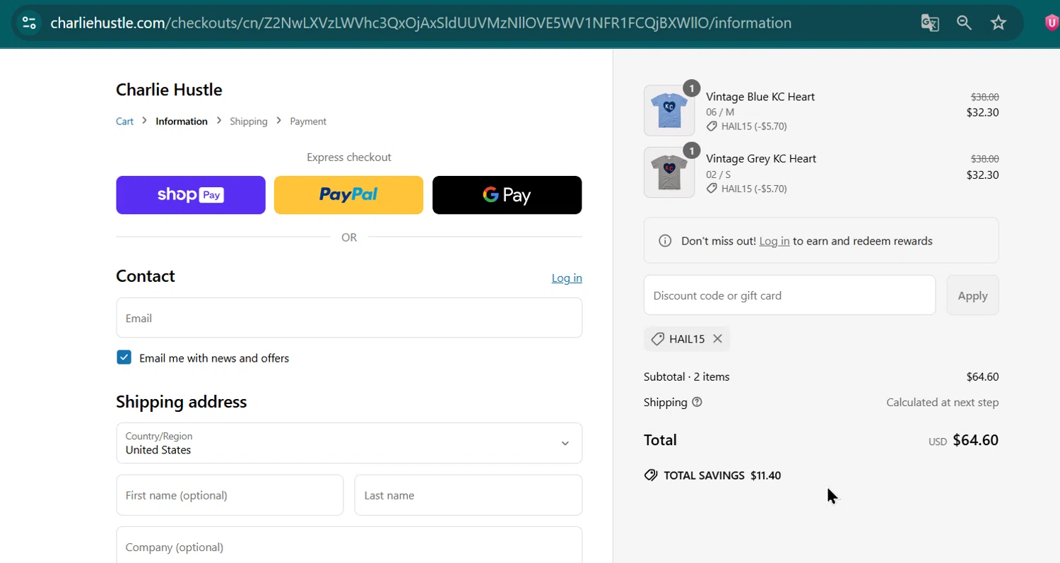 Charlie Hustle discount code screenshot showing code HAIL15 applied at Charlie Hustle checkout page. Uploaded by SimplyCodes community member jenifer on Jun 3, 2025