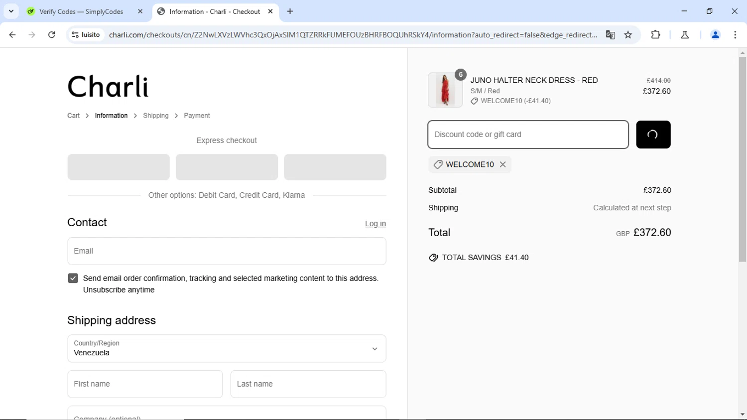Charli UK promo code screenshot showing code WELCOME10 applied at Charli UK checkout page. Uploaded by SimplyCodes community member Luisitoxd12 on Apr 18, 2025