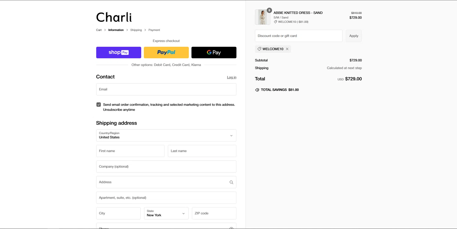Charli UK promo code screenshot showing code WELCOME10 applied at Charli UK checkout page. Uploaded by SimplyCodes community member BrilliantVoyager5752 on Jan 31, 2025