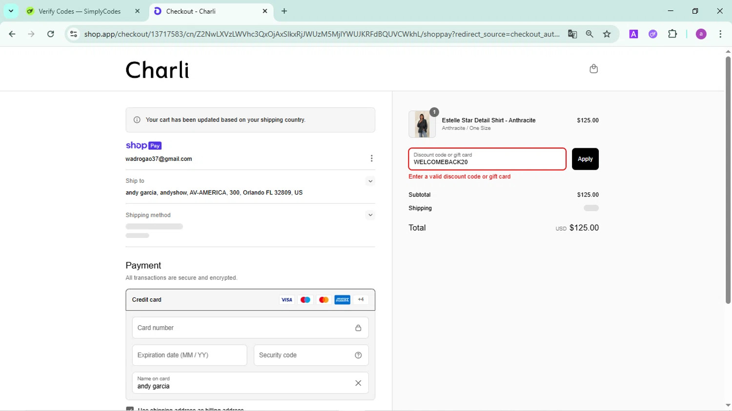 Charli UK promo code screenshot showing code WELCOMEBACK20 applied at Charli UK checkout page. Uploaded by SimplyCodes community member FortunatePilot2384 on Jun 18, 2025