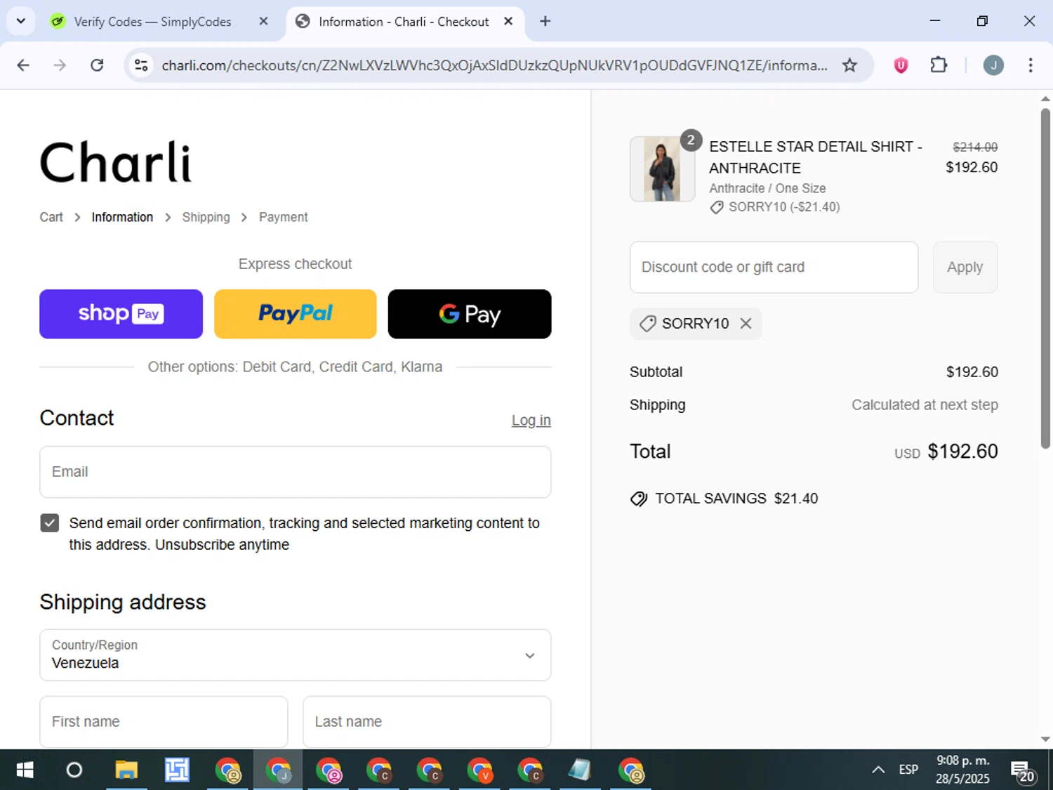 Charli UK promo code screenshot showing code SORRY10 applied at Charli UK checkout page. Uploaded by SimplyCodes community member ValueTracker8384 on May 29, 2025