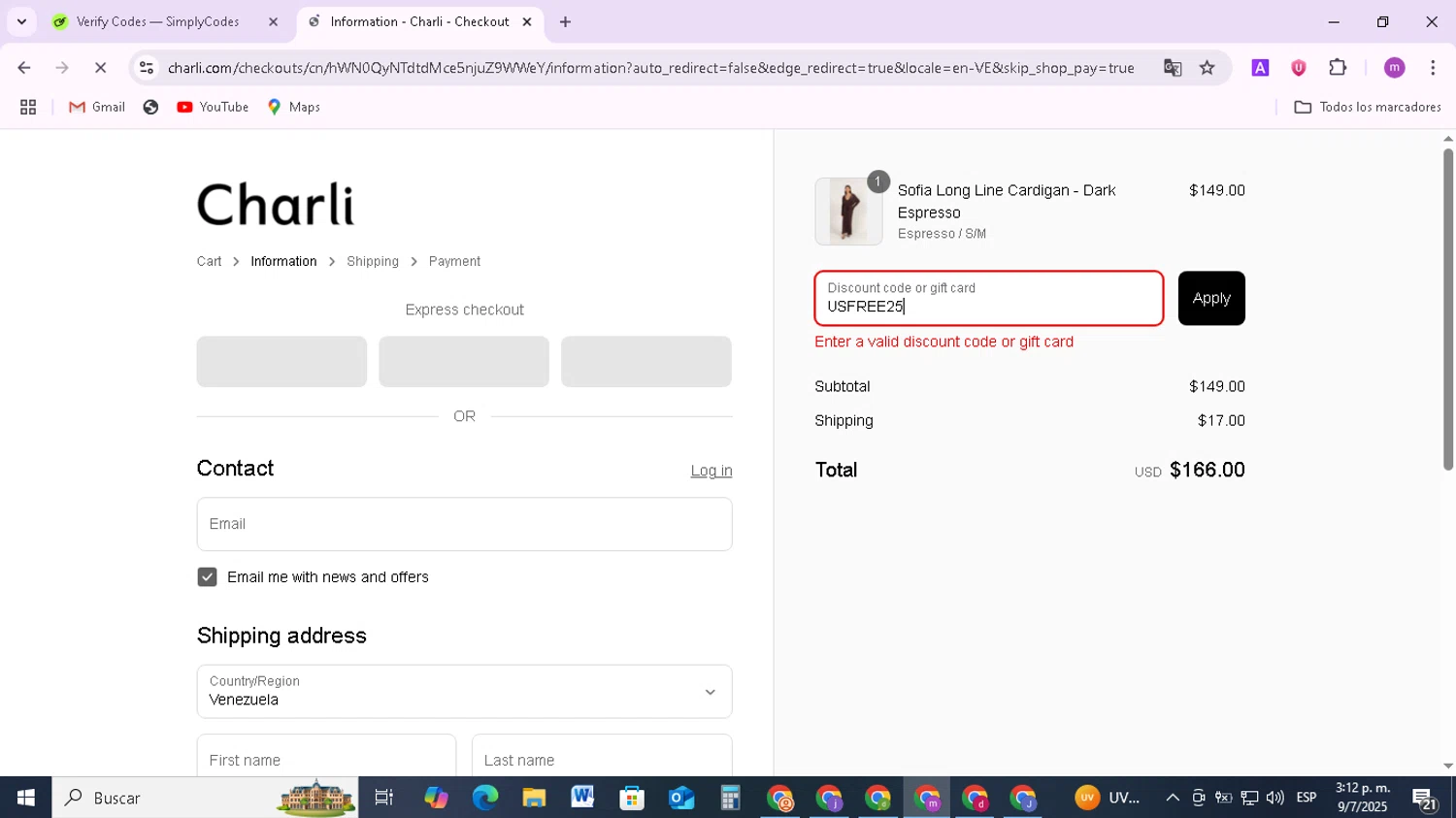Charli UK promo code screenshot showing code USFREE25 applied at Charli UK checkout page. Uploaded by SimplyCodes community member BudgetMonarch8952 on Jul 9, 2025