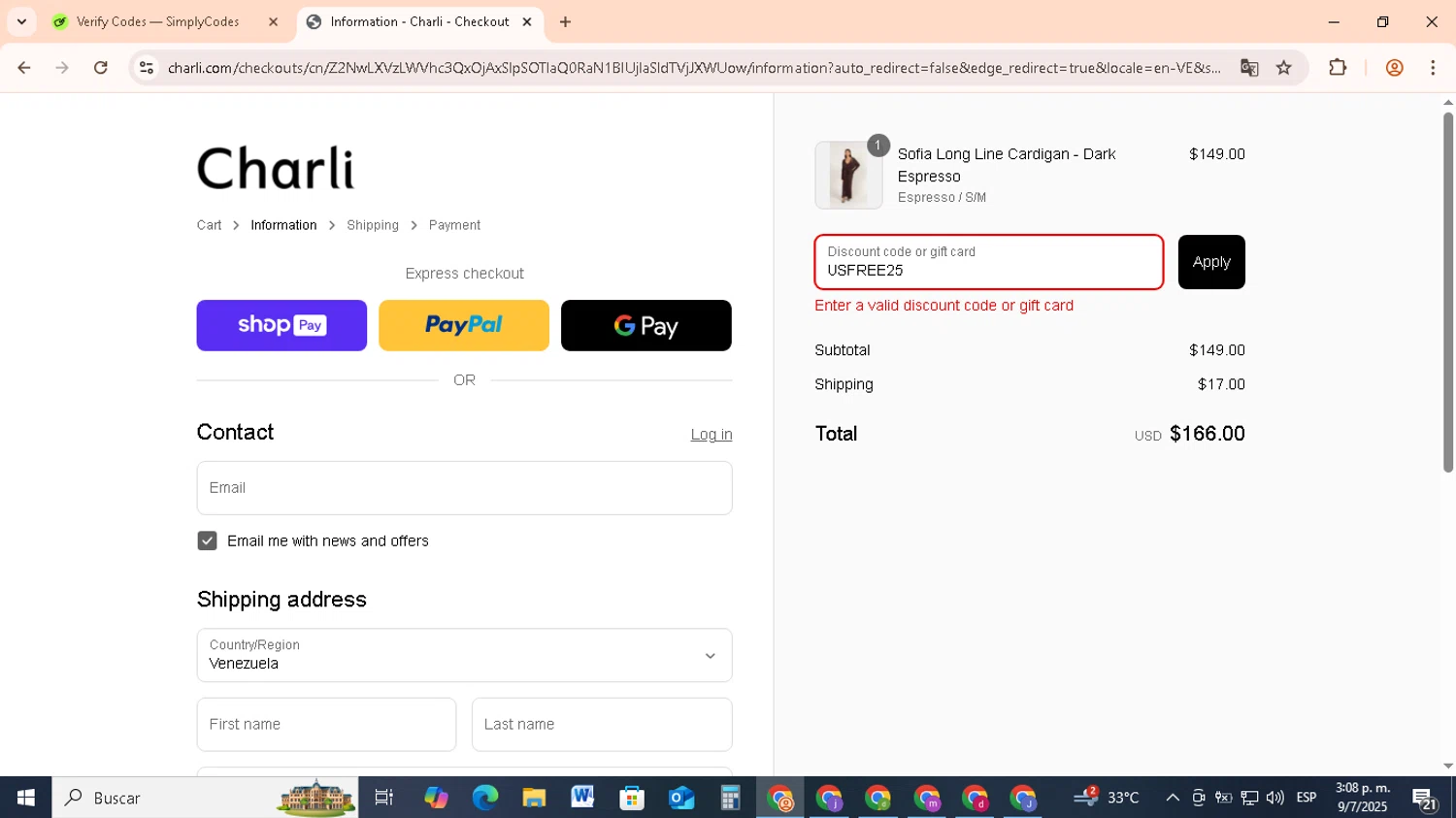 Charli UK promo code screenshot showing code USFREE25 applied at Charli UK checkout page. Uploaded by SimplyCodes community member RebateCollector5909 on Jul 9, 2025