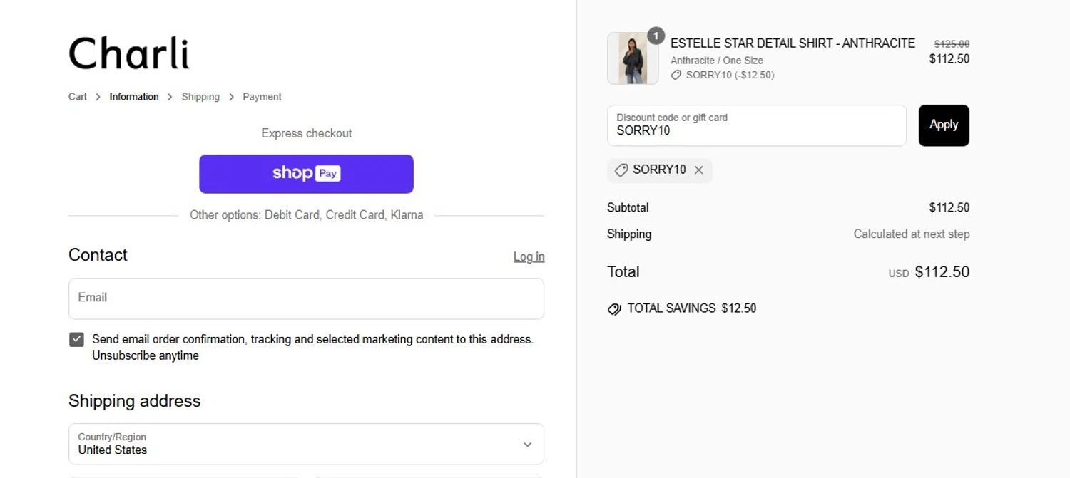 Charli UK promo code screenshot showing code SORRY10 applied at Charli UK checkout page. Uploaded by SimplyCodes community member frankrivero on May 29, 2025