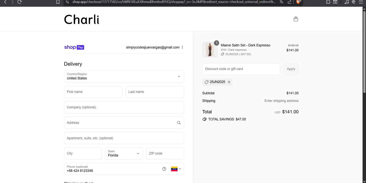 Charli UK promo code screenshot showing code 25JN2025 applied at Charli UK checkout page. Uploaded by SimplyCodes community member juanvargas1 on Aug 7, 2025