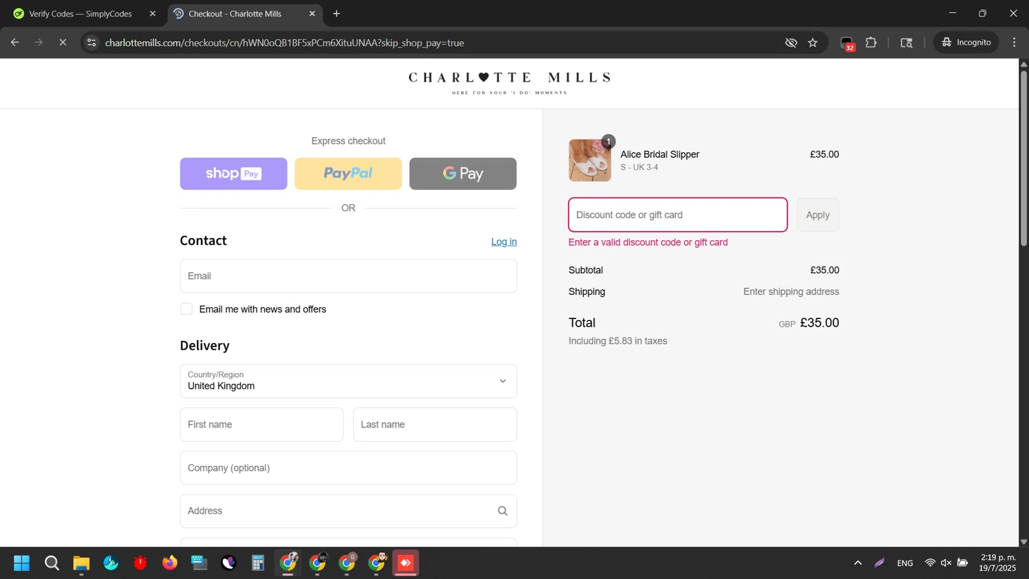 Charlotte Mills discount code screenshot showing code AB-SHOP10 applied at Charlotte Mills checkout page. Uploaded by SimplyCodes community member MarkGrayson on Jul 19, 2025