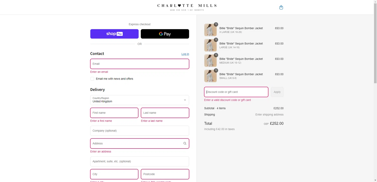 Charlotte Mills discount code screenshot showing code AB-SHOP10 applied at Charlotte Mills checkout page. Uploaded by SimplyCodes community member PromoSeeker7158 on Jul 19, 2025