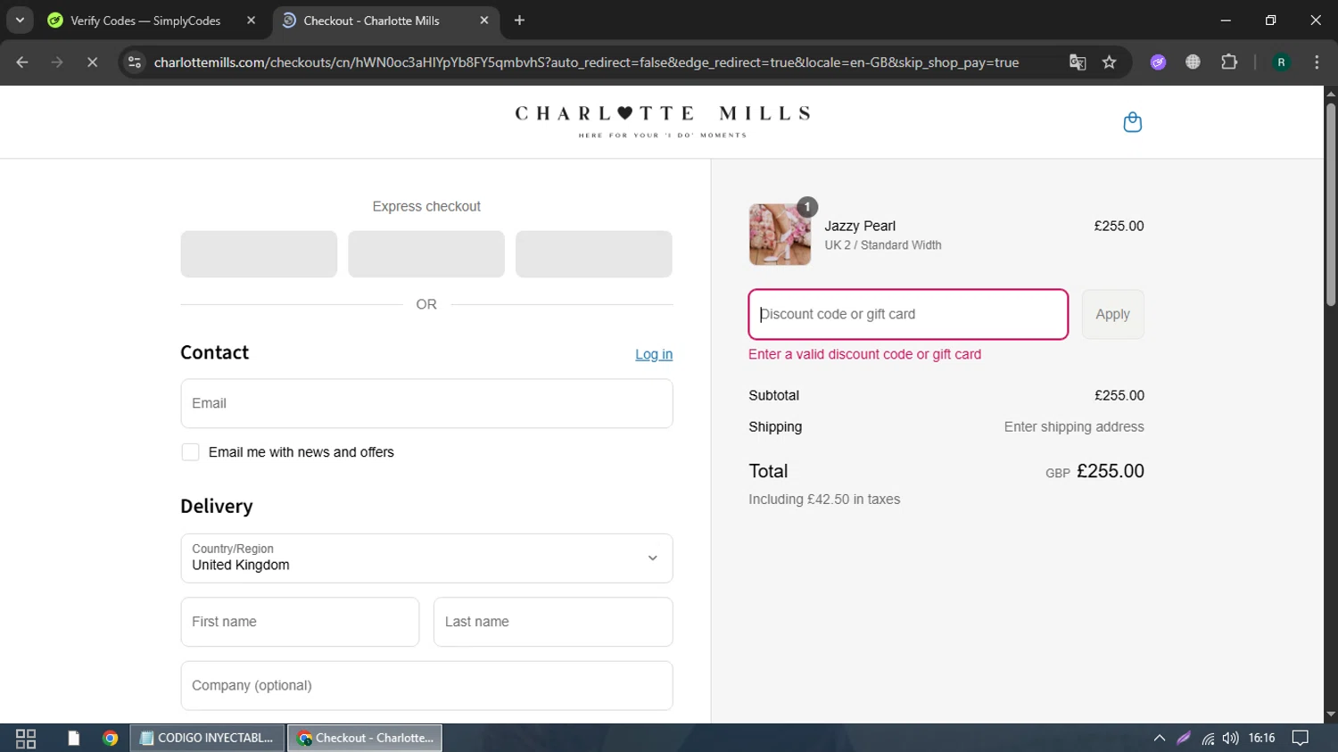 Charlotte Mills discount code screenshot showing code AB-SHOP10 applied at Charlotte Mills checkout page. Uploaded by SimplyCodes community member SmartMaven8764 on Jul 19, 2025