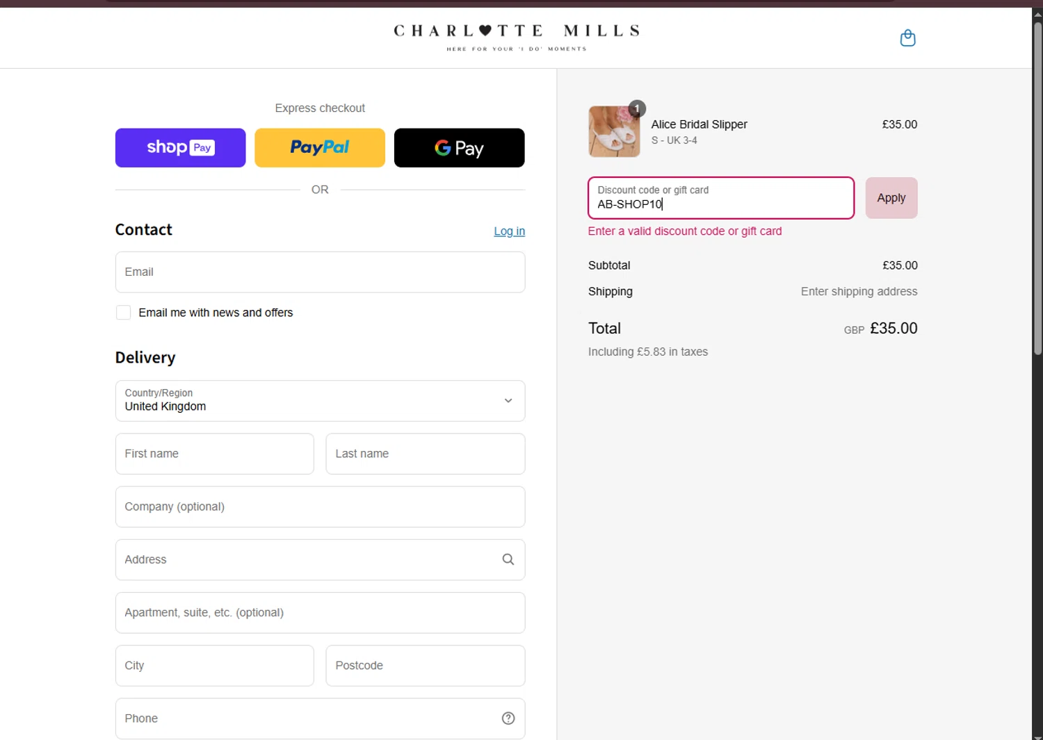 Charlotte Mills discount code screenshot showing code AB-SHOP10 applied at Charlotte Mills checkout page. Uploaded by SimplyCodes community member VoucherRanger9105 on Jul 19, 2025