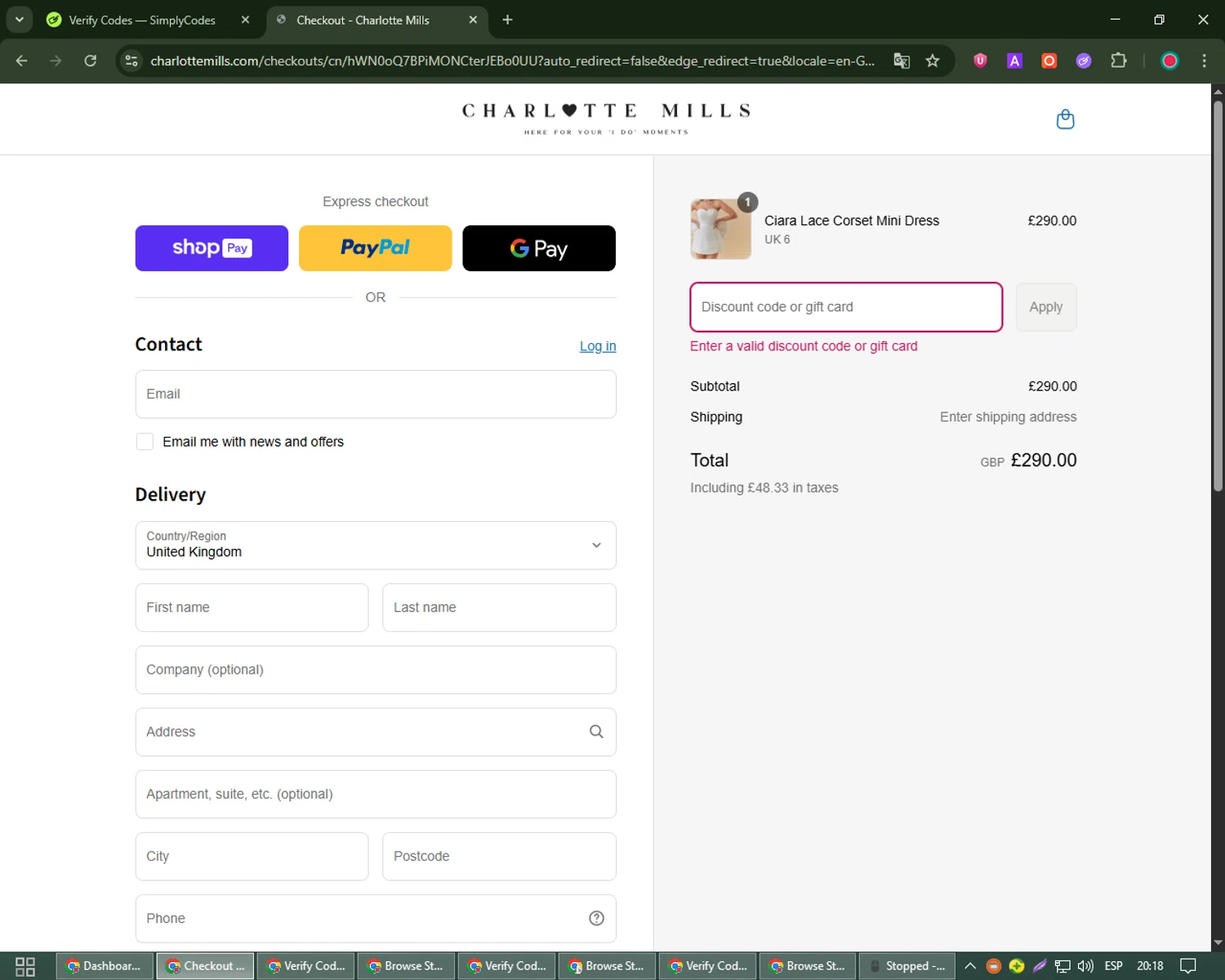 Charlotte Mills discount code screenshot showing code AB-SHOP10 applied at Charlotte Mills checkout page. Uploaded by SimplyCodes community member james_smith on Jul 19, 2025