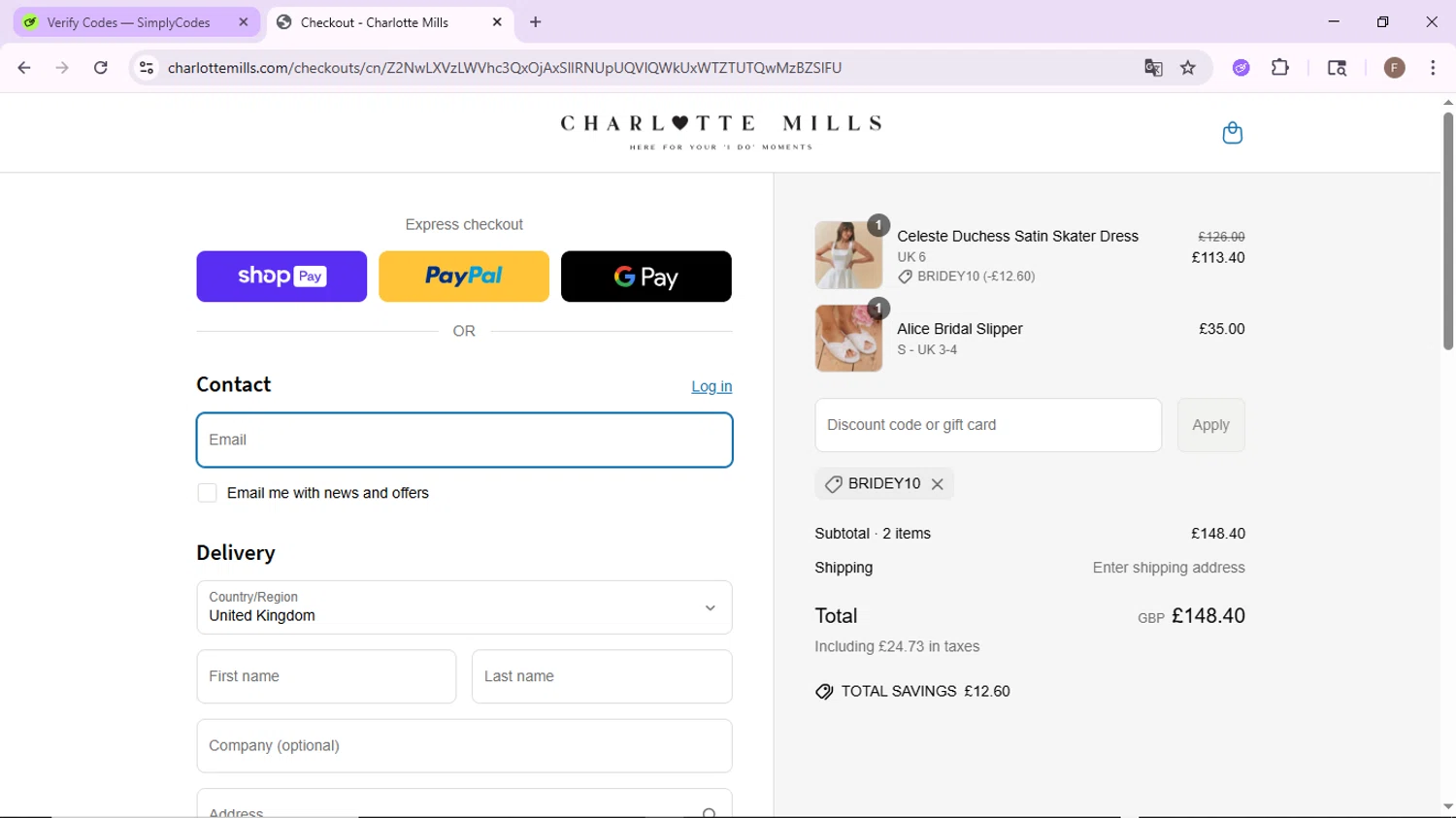 Charlotte Mills discount code screenshot showing code BRIDEY10 applied at Charlotte Mills checkout page. Uploaded by SimplyCodes community member CashLion2660 on Jun 26, 2025