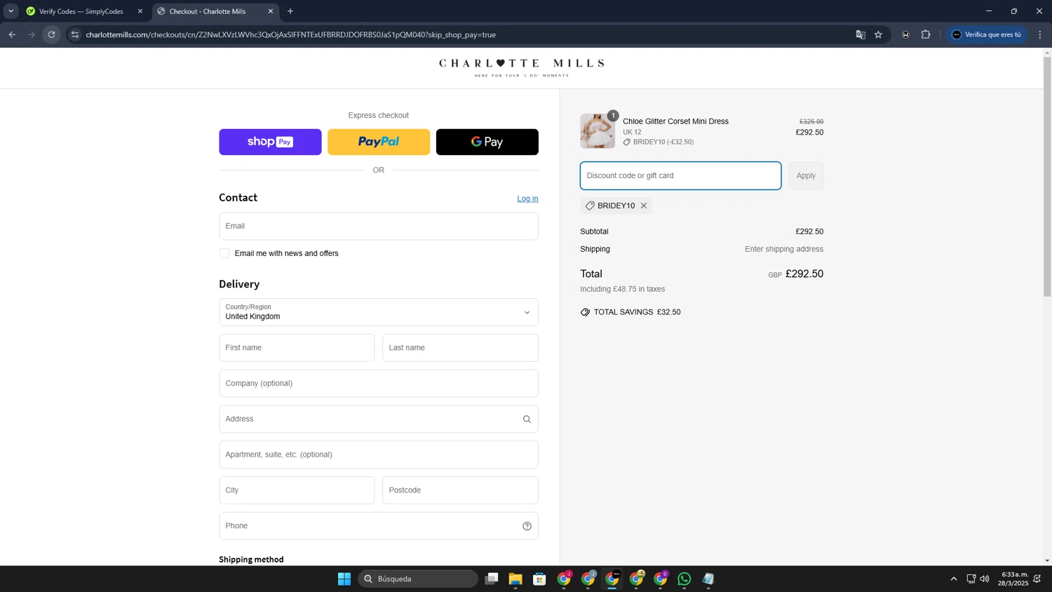 Charlotte Mills discount code screenshot showing code BRIDEY10 applied at Charlotte Mills checkout page. Uploaded by SimplyCodes community member JoseLocoHugo on Mar 28, 2025