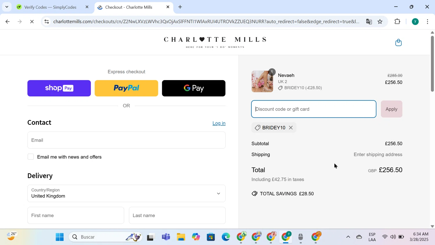 Charlotte Mills discount code screenshot showing code BRIDEY10 applied at Charlotte Mills checkout page. Uploaded by SimplyCodes community member yenismendez on Mar 28, 2025