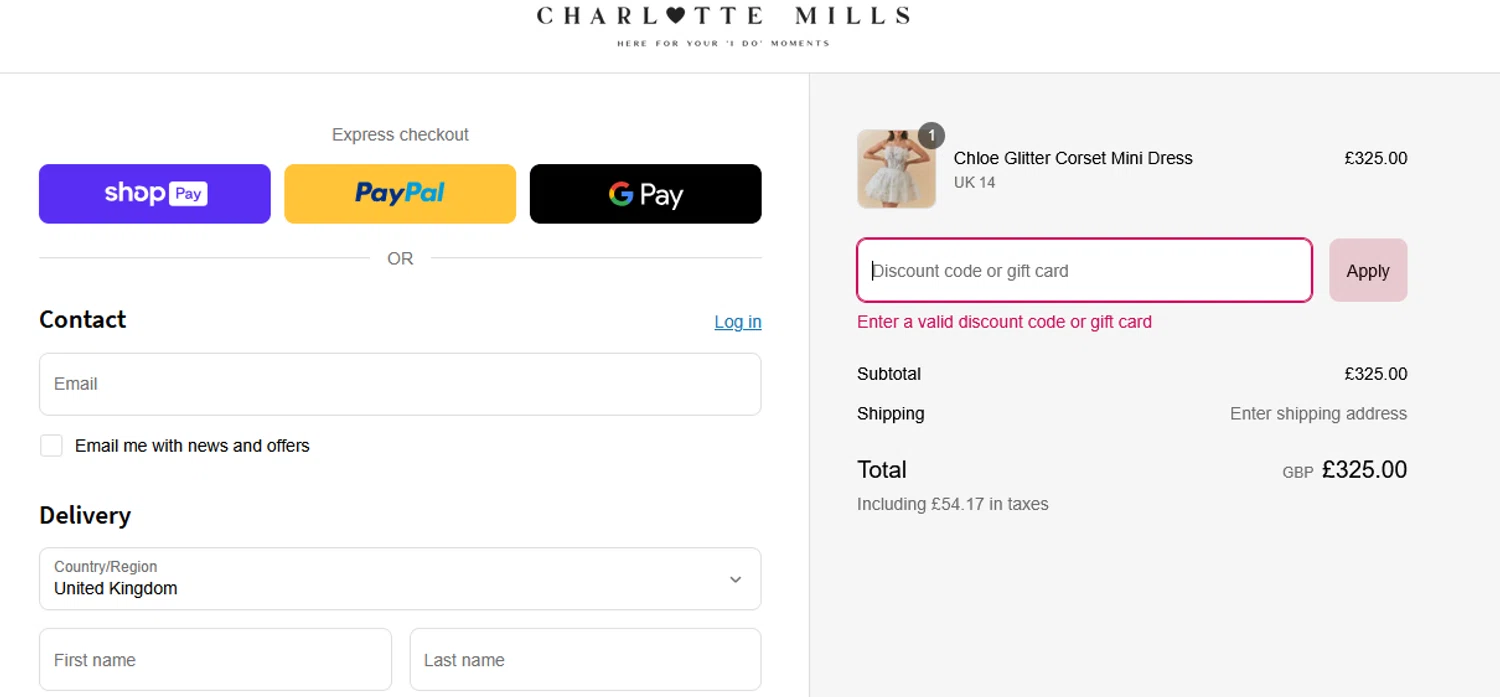 Charlotte Mills discount code screenshot showing code Welcome-10 applied at Charlotte Mills checkout page. Uploaded by SimplyCodes community member bluemoony on Apr 9, 2025