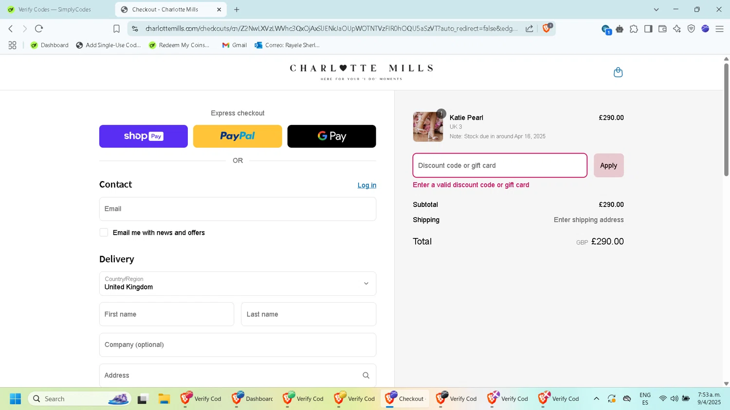Charlotte Mills discount code screenshot showing code Welcome-10 applied at Charlotte Mills checkout page. Uploaded by SimplyCodes community member WiseMaven8994 on Apr 9, 2025