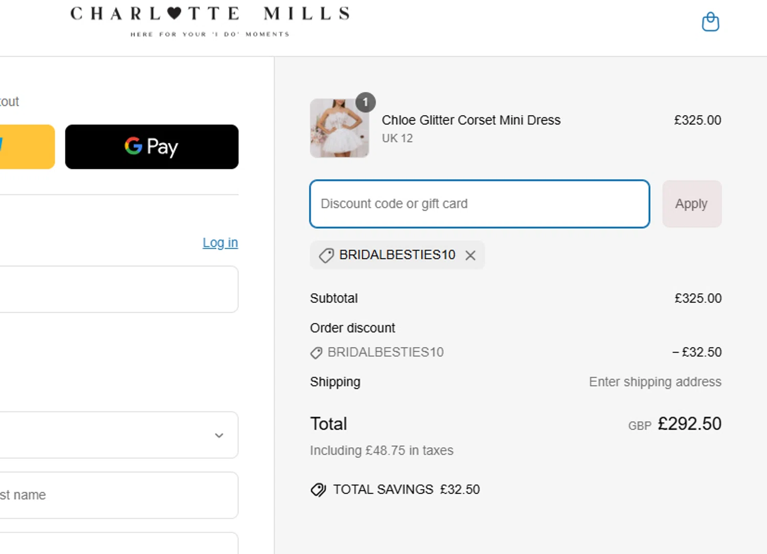 Charlotte Mills discount code screenshot showing code BRIDALBESTIES10 applied at Charlotte Mills checkout page. Uploaded by SimplyCodes community member Eduard on Mar 27, 2025