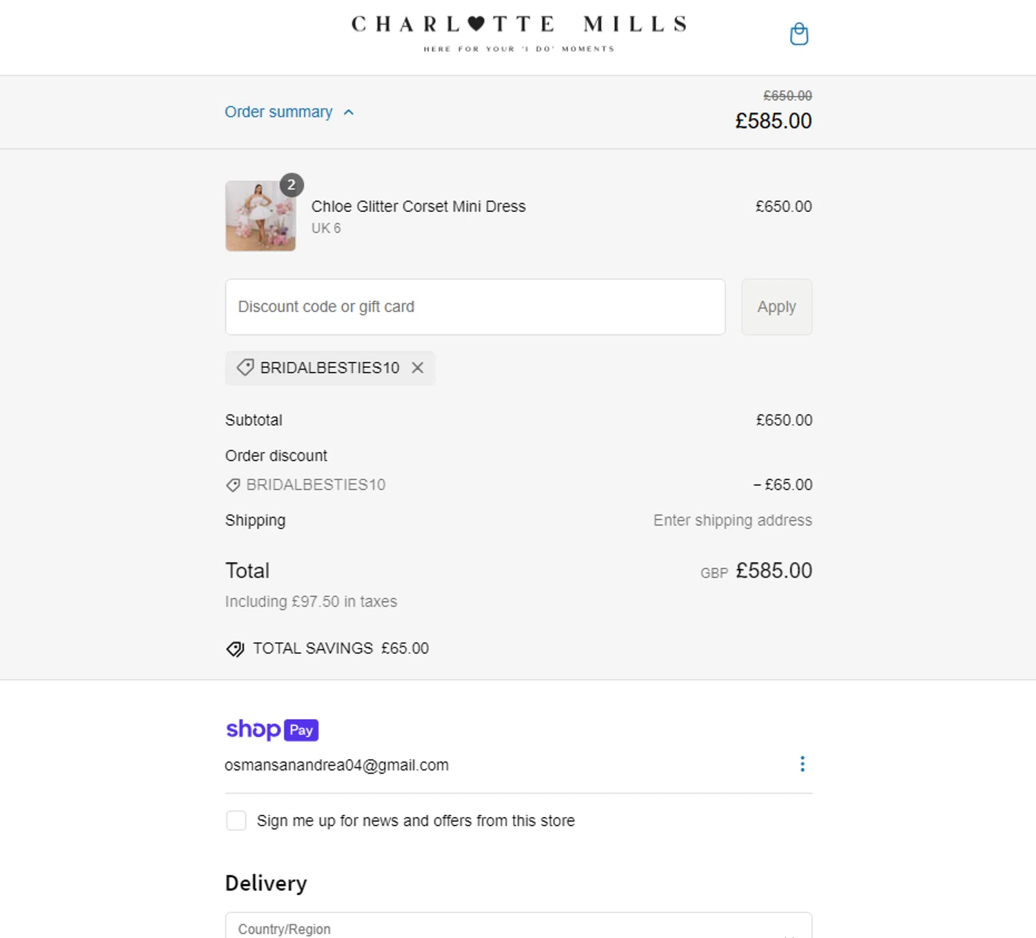 Charlotte Mills discount code screenshot showing code BRIDALBESTIES10 applied at Charlotte Mills checkout page. Uploaded by SimplyCodes community member Tortugasninja on Feb 11, 2025