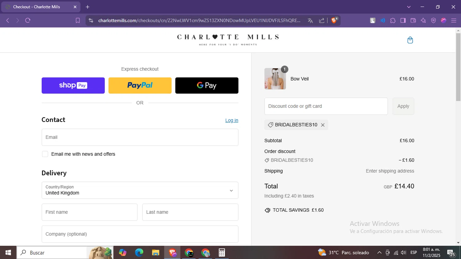 Charlotte Mills discount code screenshot showing code BRIDALBESTIES10 applied at Charlotte Mills checkout page. Uploaded by SimplyCodes community member LegendaryPro7106 on Feb 11, 2025