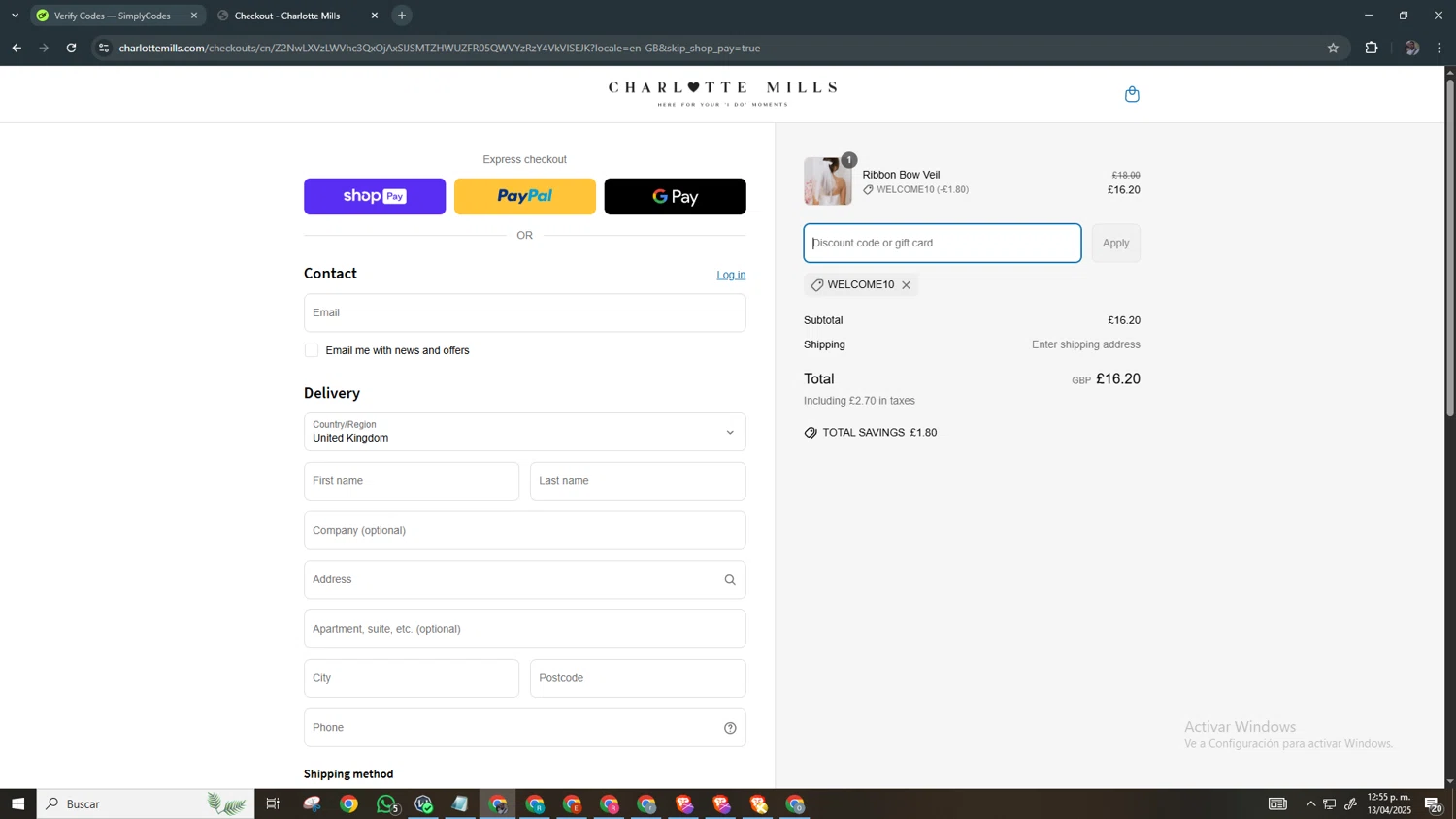 Charlotte Mills discount code screenshot showing code WELCOME10 applied at Charlotte Mills checkout page. Uploaded by SimplyCodes community member Chamber on Apr 13, 2025