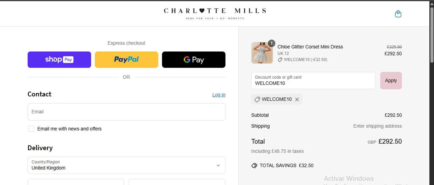 Charlotte Mills discount code screenshot showing code WELCOME10 applied at Charlotte Mills checkout page. Uploaded by SimplyCodes community member danielgarcia1 on Apr 13, 2025