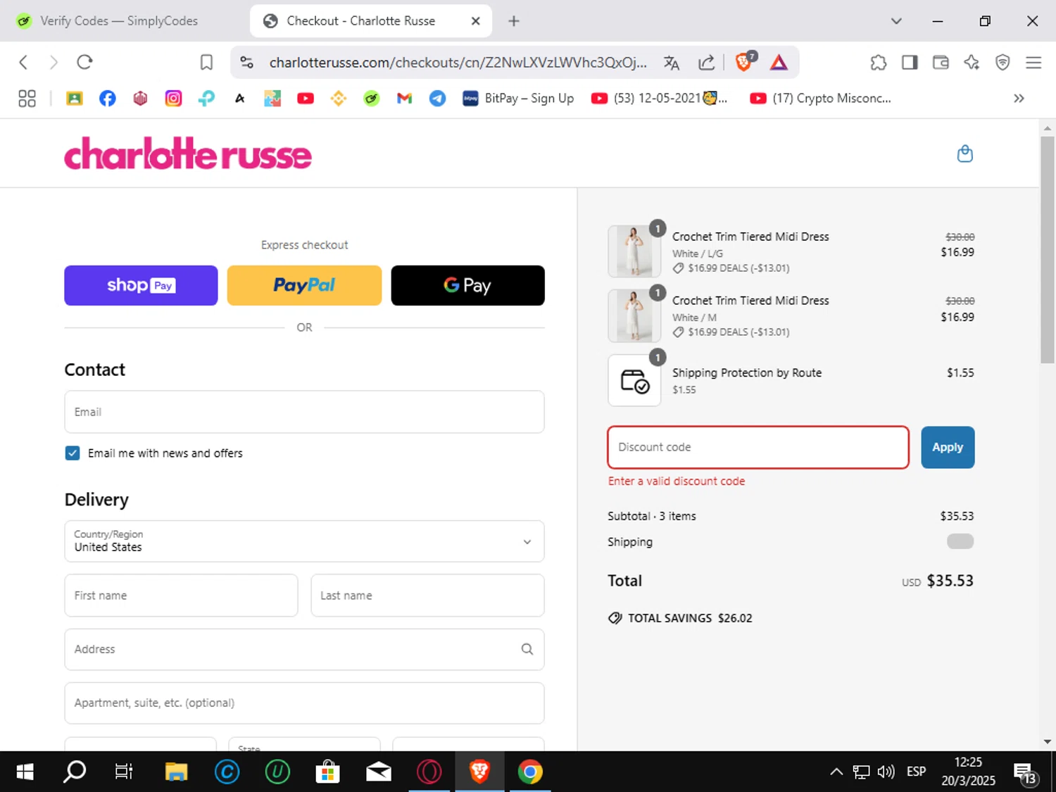 Charlotte Russe discount code screenshot showing code DEALS applied at Charlotte Russe checkout page. Uploaded by SimplyCodes community member Sungjinwoo on Mar 20, 2025