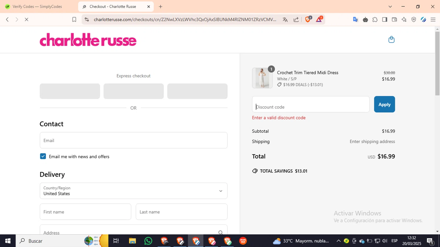 Charlotte Russe discount code screenshot showing code DEALS applied at Charlotte Russe checkout page. Uploaded by SimplyCodes community member PennyMaverick9741 on Mar 20, 2025