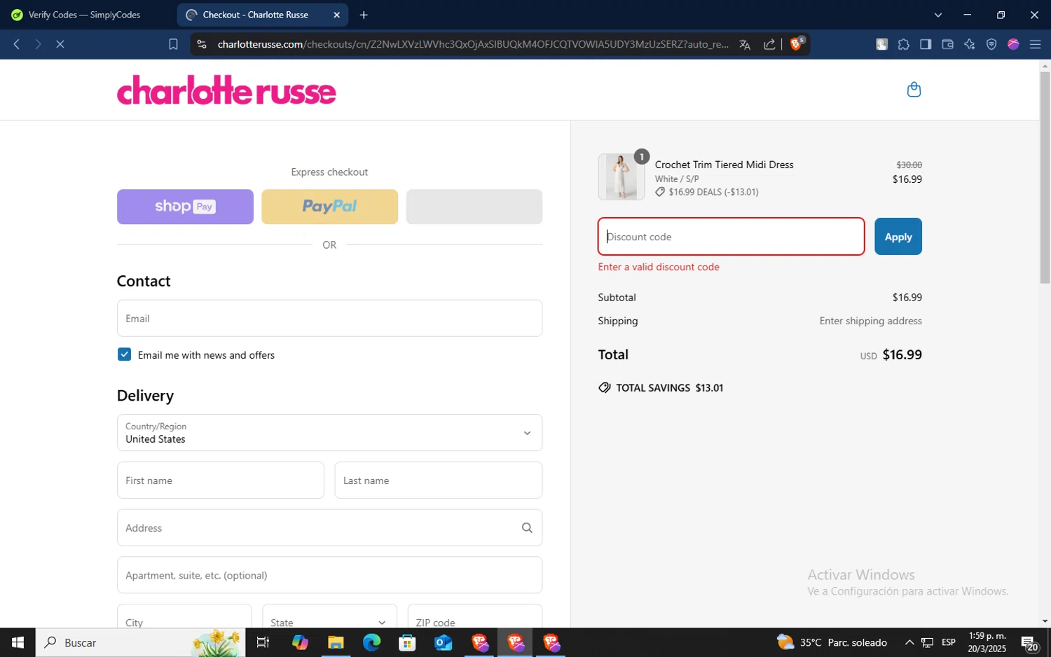 Charlotte Russe discount code screenshot showing code DEALS applied at Charlotte Russe checkout page. Uploaded by SimplyCodes community member TokenSaver1205 on Mar 20, 2025