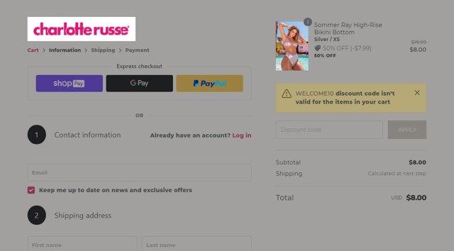 Charlotte Russe checkout page showing Charlotte Russe discount code box | Screenshot taken by SimplyCodes community member on May 15, 2021