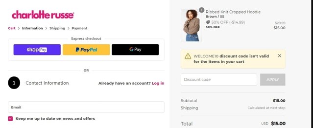 Charlotte Russe checkout page showing Charlotte Russe discount code box | Screenshot taken by SimplyCodes community member on Sep 25, 2021