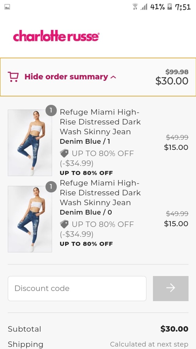 Charlotte Russe checkout page showing Charlotte Russe discount code box | Screenshot taken by SimplyCodes community member on Apr 9, 2021