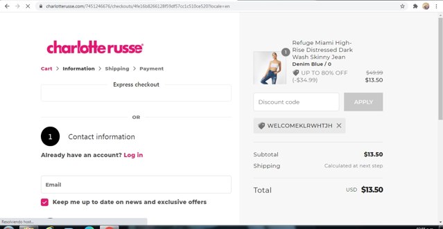 Charlotte Russe checkout page showing Charlotte Russe discount code box | Screenshot taken by SimplyCodes community member on Apr 10, 2021
