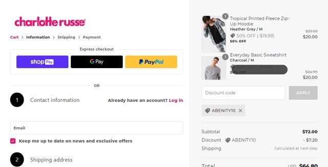 Charlotte Russe checkout page showing Charlotte Russe discount code box | Screenshot taken by SimplyCodes community member on Jun 10, 2021