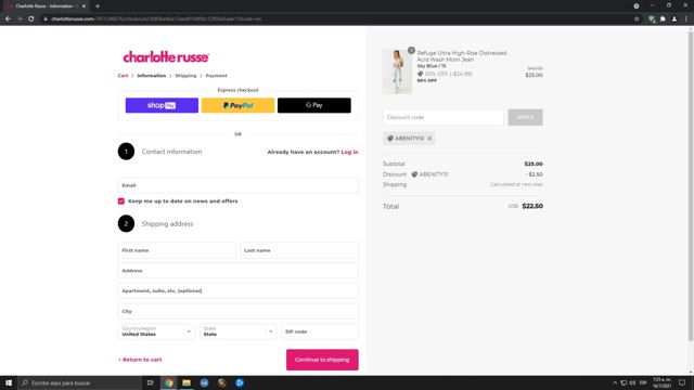 Charlotte Russe checkout page showing Charlotte Russe discount code box | Screenshot taken by SimplyCodes community member on Jul 16, 2021