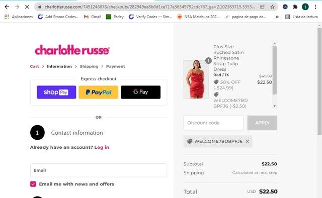 Charlotte Russe checkout page showing Charlotte Russe discount code box | Screenshot taken by SimplyCodes community member on Jan 14, 2022