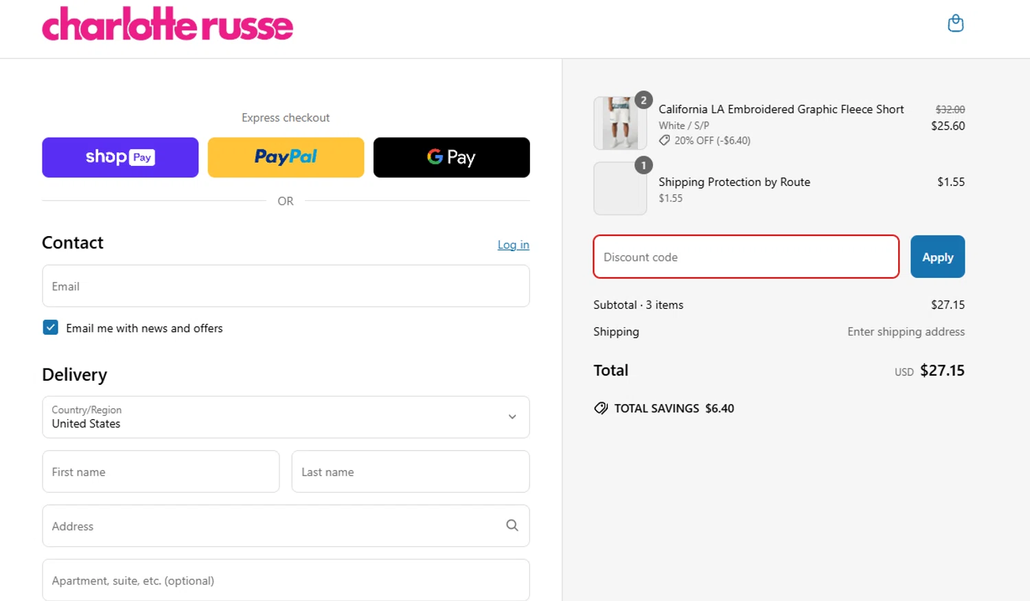 Charlotte Russe discount code screenshot showing code $7DEALS applied at Charlotte Russe checkout page. Uploaded by SimplyCodes community member WoskalRevenge on Mar 31, 2025