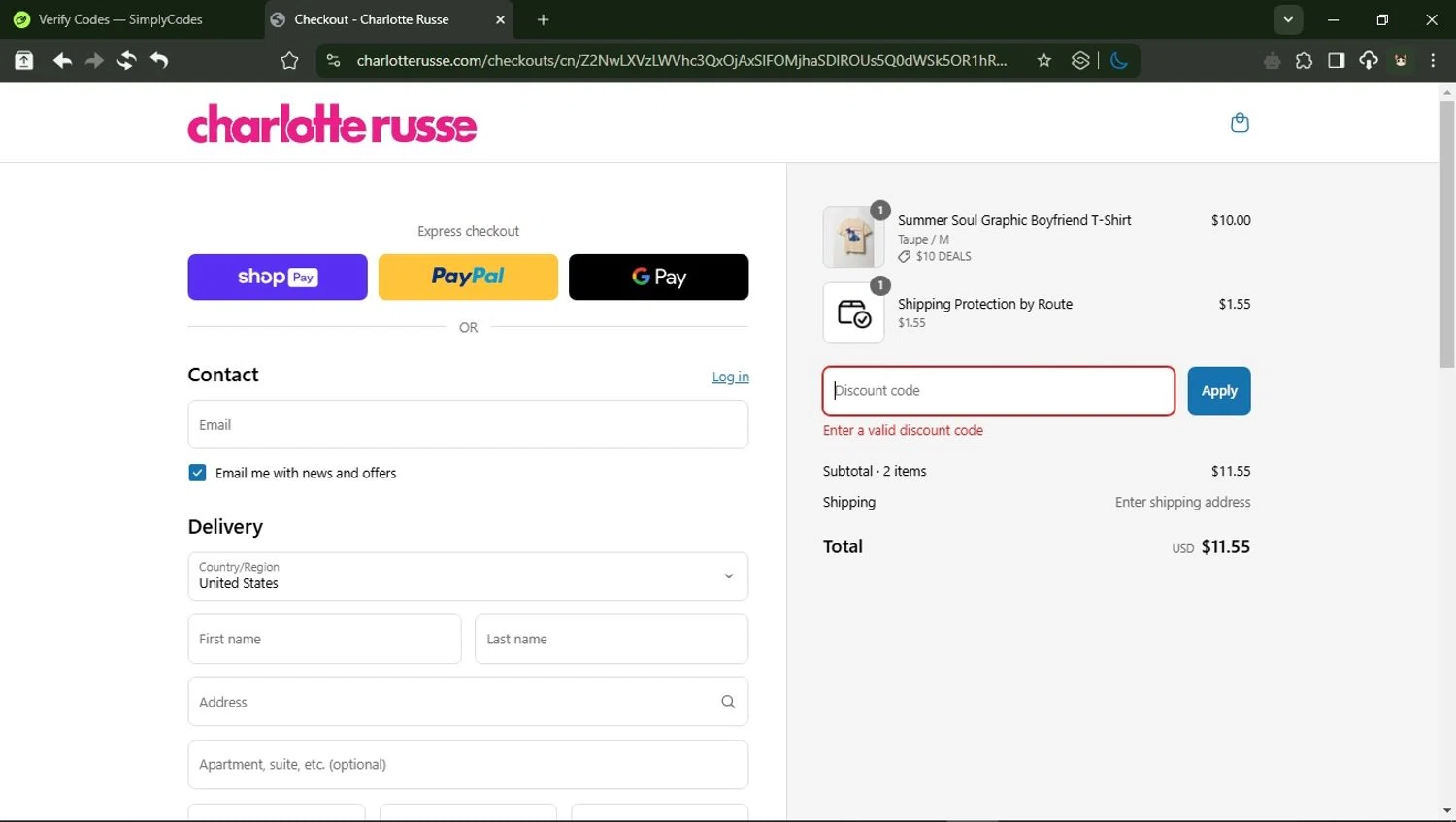 Charlotte Russe discount code screenshot showing code $7DEALS applied at Charlotte Russe checkout page. Uploaded by SimplyCodes community member RewardMonarch1185 on Mar 31, 2025