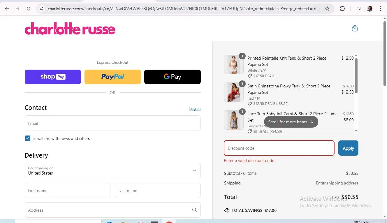 Charlotte Russe discount code screenshot showing code $7DEALS applied at Charlotte Russe checkout page. Uploaded by SimplyCodes community member genarawlins on Mar 31, 2025