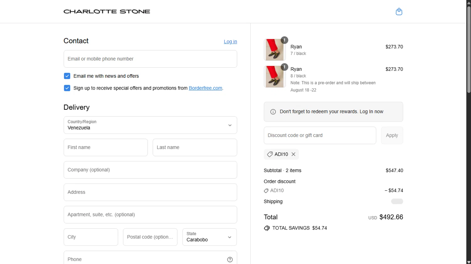 Charlotte Stone discount code screenshot showing code ADI10 applied at Charlotte Stone checkout page. Uploaded by SimplyCodes community member _____________________________ on Aug 29, 2025