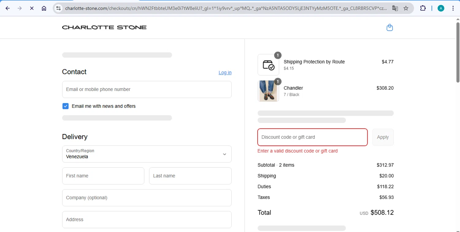 Charlotte Stone discount code screenshot showing code ShopNShip applied at Charlotte Stone checkout page. Uploaded by SimplyCodes community member AlexSierra on Aug 26, 2025