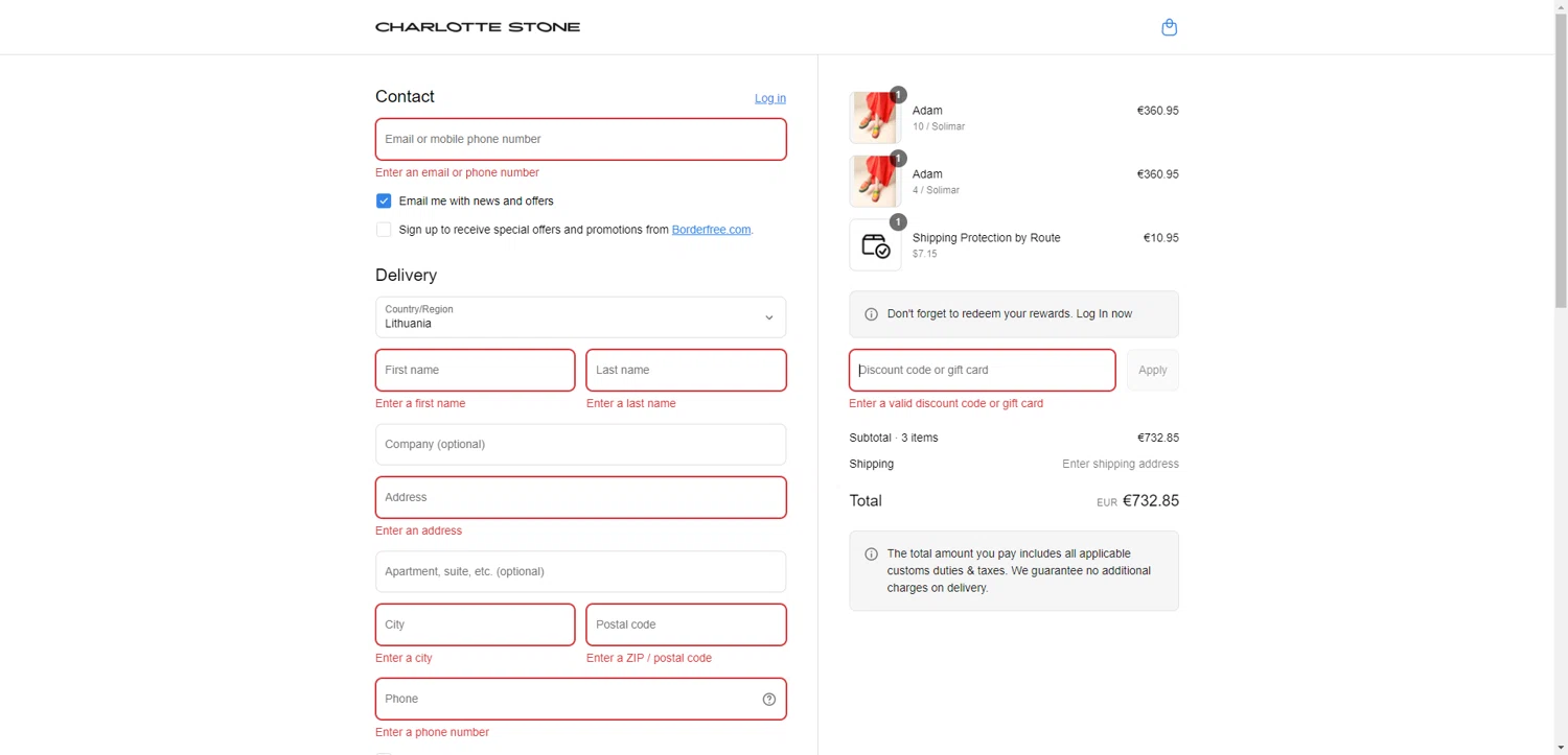 Charlotte Stone discount code screenshot showing code ShoeTwins applied at Charlotte Stone checkout page. Uploaded by SimplyCodes community member BrilliantRanger9984 on Aug 8, 2025