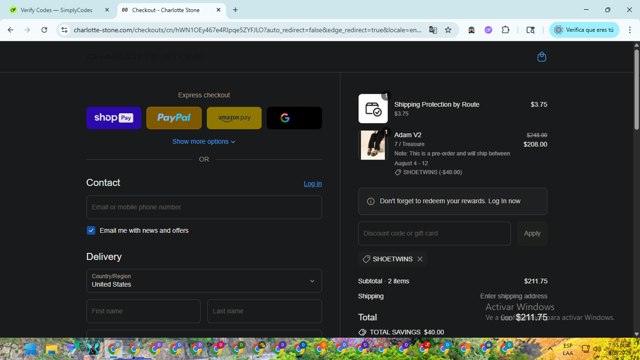 Charlotte Stone checkout page showing Charlotte Stone discount code box | Screenshot taken by SimplyCodes community member on Aug 3, 2025