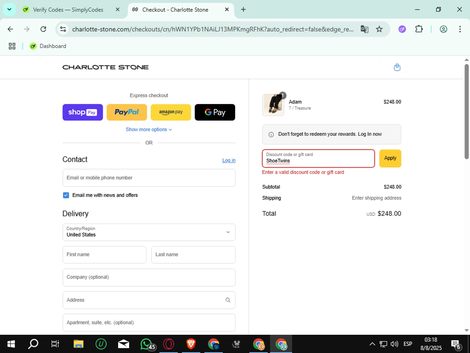 Charlotte Stone discount code screenshot showing code ShoeTwins applied at Charlotte Stone checkout page. Uploaded by SimplyCodes community member rauzzzz on Aug 8, 2025
